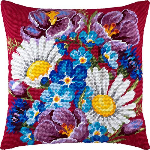 Brvsk Kit punto croce stampato floreale per adulti e principianti - Fiori selvatici 40,6 x 40,6 cm con design stampato chiaro e preciso su tela di cotone; Include 2 aghi, filato e tabella di facile
