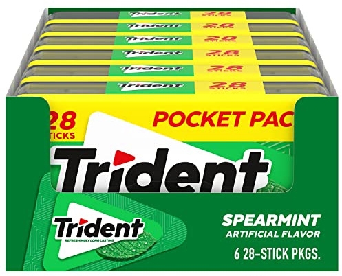 Trident Spearmint zuckerfreier Kaugummi, 6 Packungen mit 28 Stück (insgesamt 168 Stück) | Enthält Xylitol, Taschenpackungen, perfekt für lang anhaltenden frischen Atem in der Schule, bei der Arbeit und auf Reisen