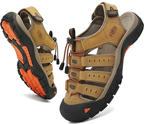 ZYLDK Sandalias de Senderismo para Hombres Verano Exterior Deportivas Zapatos Trekking Casual Zapatos de Montaña Cuero Sandalias de Playa Antideslizante Verano,Amarillo,42