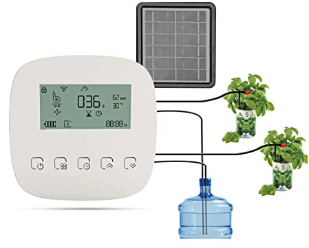 Kavolet Sistema di irrigazione automatico, Centralina per irrigazione, Wi-Fi/Voce/Controllo manuale Tempo di irrigazione programmabile, Pannello solare/Ricarica USB, Compatibile con Alexa Google Home