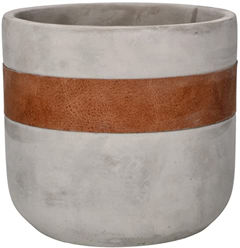 KOTARBAU® Maceta cilindrica de hormigón ⌀12, Tiesto Decorativo para Flores y Plantas, Macetero de Cemento Redondo para Interiores, Sin Estampado, con Tira marrón, Diseño Minimalista, Gris