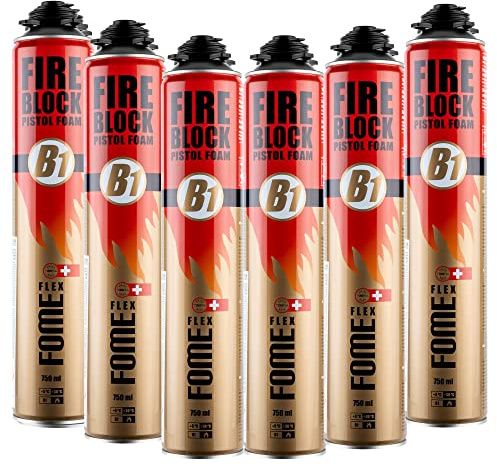 B1 Montageschaum 750ml, Brandschutzschaum schwer entflammbar, feuchtigkeitshärtend, PU Pistolenschaum, Montageschaum, Bauschaum, Füllschaum, Dämmschaum (6x Brandschutzschaum)