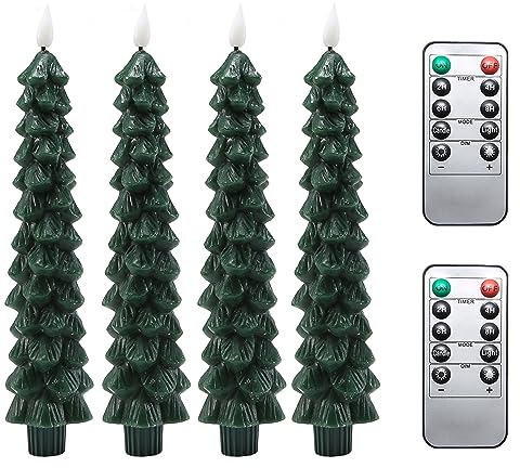 Fo32won Christmas Tree Shaped Flameless Candlesticks Battery Operated with Remote and Timer, Set of 4 Real Wax LED Taper Candles with 3D Flickering Wick for Christmas Decoration Gift