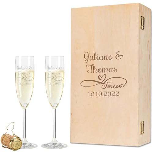 Leonardo Sektgläser mit Gravur von Namen & Datum im - Infinity Love Design - Geschenk zur Hochzeit oder Verlobung - inkl. gravierter Holzkiste - das perfekte Hochzeitsgeschenk Farbe + Holzkiste