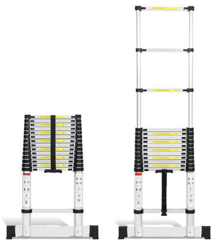 Tubiaz 4.4M Escalera Telescópica de Aluminio con 2 Ganchos Extraíbles, Escalera de Extensión con Interruptor de Seguridad de Varios Pasos, Escala Multipropósito, Carga Máxima 150 kg