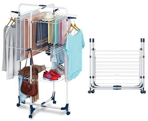 Shrivee 3 Etagen Wäscheständer Turm Klappbarer Hoch 138cm Platzsparend Clothes Drying Rack mit Rädern für Wohnung, Balkon & Garten