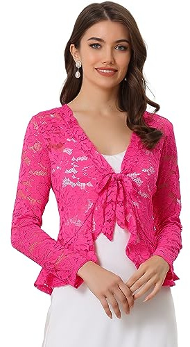 Allegra K Cárdigan Corto de Encaje con Lazo para Mujer Fiesta, Cuello Cita | Elegante encaje floral, bolero formal para invitados de boda, bolero formal y elegante para vestidos de noche