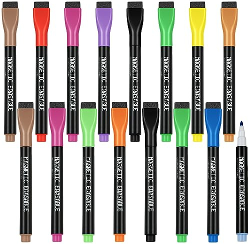 OFFCUP Whiteboard Stifte, 16 Farbe Trocken Abwischbare Marker, Abwischbar Stift mit Radierer, Whiteboard Marker mit Feiner Spitze für Whiteboards Memoboard Pinnwand Flipchart Marker