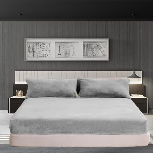 Sábana bajera ajustable de forro polar suave y acogedora, extra profunda, 30 cm, color plateado, para cama doble de 135 cm x 190 cm + 30 cm aprox