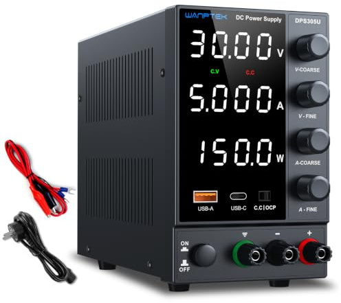 Wanptek Fuente de alimentación Laboratorio Regulable 30V 5A con Protección OCP, Carga Rápida USB-A/Tipo-C, Pantalla LED de 4 Dígitos y Regulación Precisa con Codificador