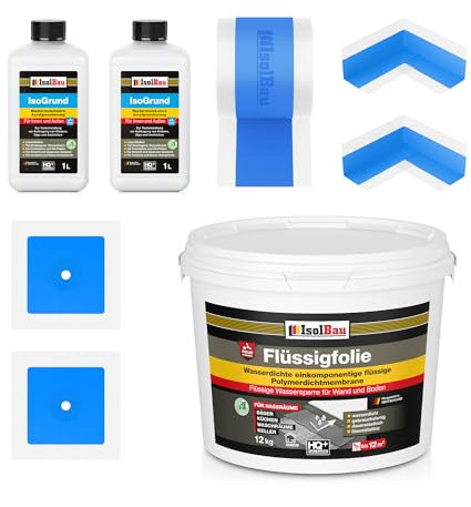 Isolbau Dicht-Set - Inkl. 1x Flüssigfolie (12 kg), 2x Isogrund (je 1 L), 1x Dichtband (10 m), 2x Innenecken & 2x Manschetten
