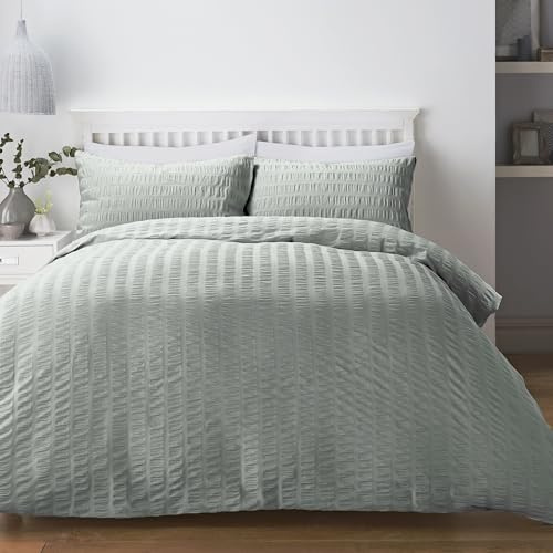 Serene - Set copripiumino in seersucker, per letto king size (230 x 220 cm), lussuoso, morbido al tatto, con effetto increspato a righe ferroviarie
