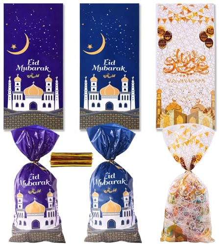 IWTBNOA 105 Stück Ramadan Tüten zum Befüllen, Eid Mubarak Geschenktüten, Bayram Geschenke Tüten, Eid Mubarak Dekoration, Geschenktasche Zellophan, Ramadan Geschenktüten für Partytüten Deko