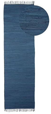 carpetfine Flickenteppich Kelim Chindi Uni Läufer Blau 70x200 cm, handgewebt | Fleckerlteppich aus Baumwolle für Wohnzimmermit Fransen
