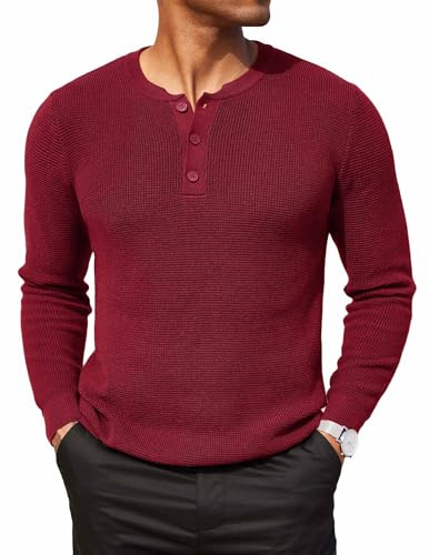 COOFANDY Maglietta Henley da uomo, motivo a nido d'ape, girocollo, leggera, a maniche lunghe, casual, maglione, rosso vivo, L