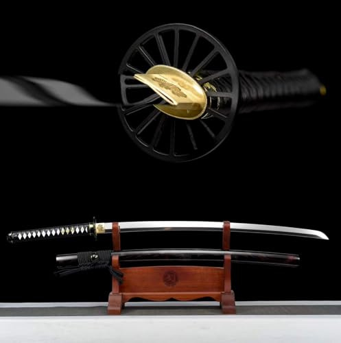 Schnellarbeitsstahl Katana,103cm handgefertigtes Samurai-Schwert mit hochglanzpolierter Klinge,eisernem Handschutz und Holzscheide,zum Dekorieren,Sammeln,Ausstellen,Verschenken,Cosplay,Halloween