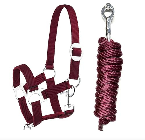 JA Horse JA4002 Essential Halfter Set Panikhaken, Wein, Pony | Verstellbares Pferdehalfter mit Führstrick & Panikhaken, Essential Anbindestrick für Pferd & Holzpferd