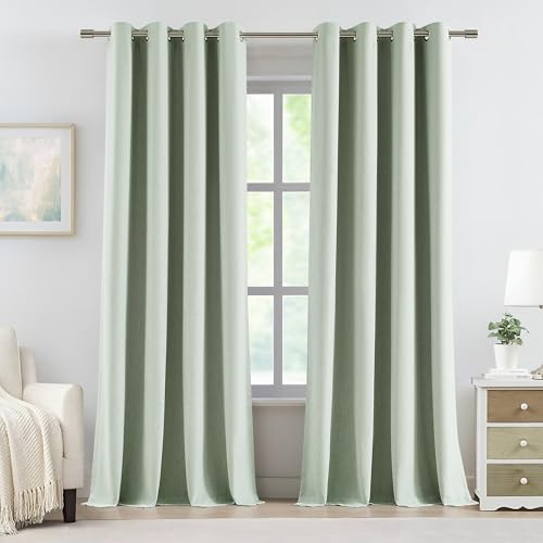 Vision Home Light Green Linen Full Blackout Curtains Grommet Textured Thermal Insulated Window Panels 102 inch Long for Bedroom Living Room Darkening Soundproof Rustic Green Drapes 58 Wx102 Lx2