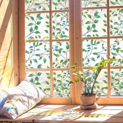 GORGECRAFT Film de Confidentialité pour Fenêtre Arc en Ciel de 100x43cm Feuilles Vertes Plante Verre Statique Plastique 3D Non Adhésif Protection Solaire Autocollant en Verre Prisme Vitrail