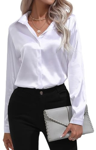MGizo DtiSpectrum Camisa de Satén para Mujer - Manga Larga Con un Botón Similar a la Seda, Cuello en V Sin Botones para Damas de Oficina, Blusa Elegante para Negocios y Casual