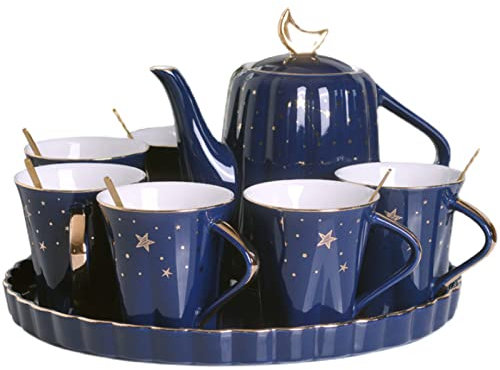 Service à café en porcelaine anglaise avec plateau et cuillère à café de 1,4 l - Design élégant pour les amateurs de thé et les divertissements à domicile - Bleu foncé
