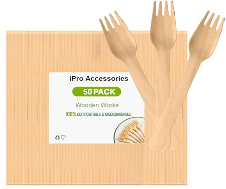 iPro Accessories Paquete de 50 tenedores desechables de madera, biodegradables y sin plástico, ideales para bodas, picnics, fiestas, oficina, ecológicos (tenedores)