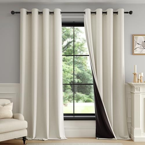 Fmfunctex Cream Beige Blackout Eyelet Curtains 52 x 54 Inch Drop 2 Panels | 1 Pair, Bedroom, Living Room, Natural Weave Textured Drapes, Thermal Insulated, Energy Saving, Room Darkening Noise Reduction