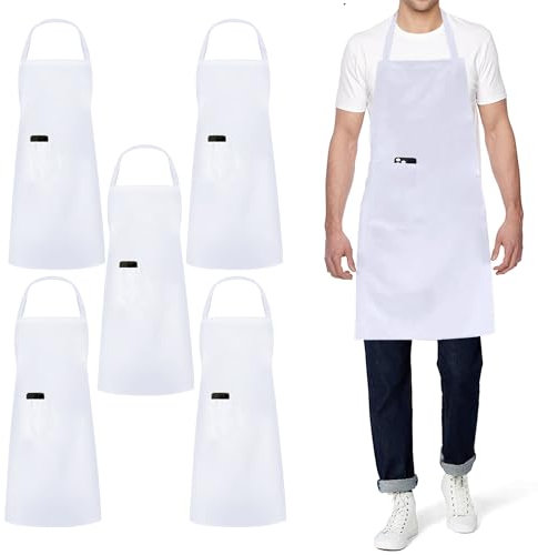 zvzvrog 5 Pack White Chef Apron, Catering Apron with Pocket for Men Women Waitress Servers Barber, Great for Work Kitchen Restaurant Painting Washing Gardening (White, Large)