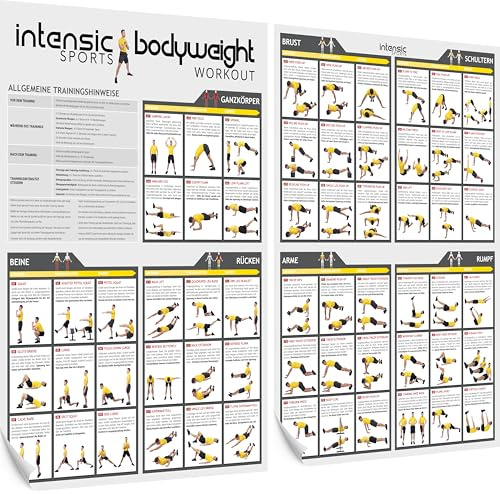 intensic SPORTS Bodyweight Workout Poster | 60 Fitness-Übungen für Kraft-training zuhause fit ohne Sport-geräte Muskelaufbau Plakat Motivation Functional Körpergewicht Ganzkörpertraining I 2xDIN A1