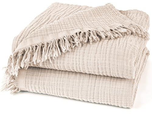 Pure Label Musselin Decke 220x240cm - Oeko-Tex zertifizierte Tagesdecke aus 100% Baumwolle | Musselin Wohn- & Kuscheldecke für Couch und Sofa in XXL | 220 x 240 cm, Farbe der Decke Beige