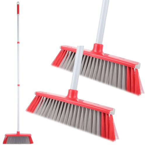 LOPYXBR 2PCS Soft Bristle Broom with Long Handle, 127cm/50inch Sweeping Brush Indoor, Red and Black Floor Brushes Indoor for Cleaning, Indoors Broom for Cleaning Kitchen, Bathroom, Patio