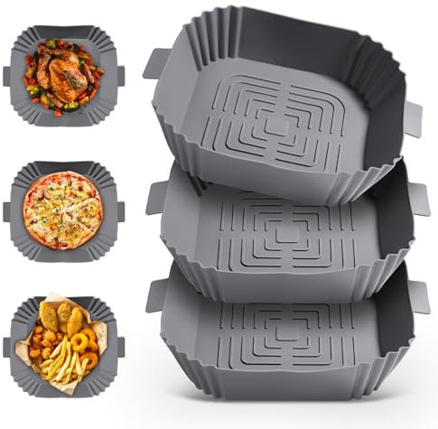 3 Pezzi Accessori Friggitrice ad Aria: Teglie in Silicone per Friggitrice ad Aria Riutilizzabile Recipiente Air Fryer - Alta Capacità Vaschette per Friggitrice ad Aria