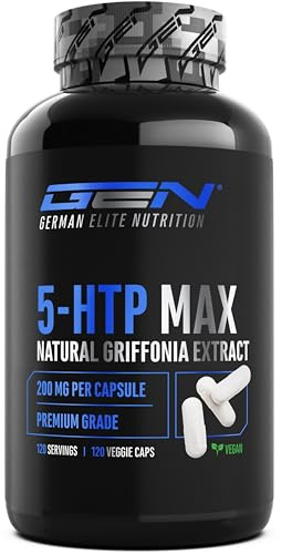 5-HTP MAX - 120 Kapseln - 200 mg 5-HTP aus natürlichem Griffonia Simplicifolia Extrakt - 30% 5-HTP-Gehalt im Samen - Rein pflanzlich - Ohne unerwünschte Zusätze, hochdosiert, vegan