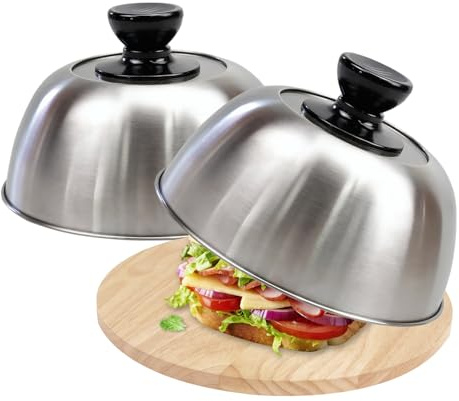 Occupaternm 2 Stück Burgerglocke Set, 16 × 7 cm Burger Glocke Edelstahl mit Sichtfenster, Burgerhauben Schmelzglocke, mit 20 Ölabsorbierendes Papier, für Grill Cheeseburger Steak (Silber)