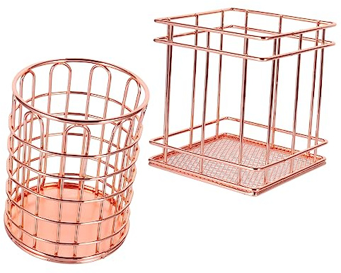 Gogogmee 2pcs Rose Gold Metal Iron Art Pen Holders and Makeup Brush Organizers Desk Storage Buckets for Office and Home School Supplies