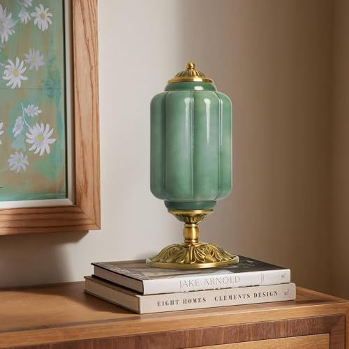 Stesulfr Tischlampe aus Milchglas modernes Bauernhaus Design mit Sockel in antikem Messing Finish grüne Schreibtischleuchte grünes Kürbis Design geripptes Glas Vintage Nachttischlampe Schlafzimmer