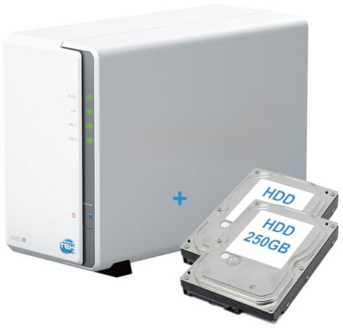 SIMPLETEK - Dispositivo de almacenamiento en red NAS de 2 bahías con discos duros de 500 GB preinstalados (2 x 250 GB), Gigabit LAN Ethernet - Color blanco (Reacondicionado)