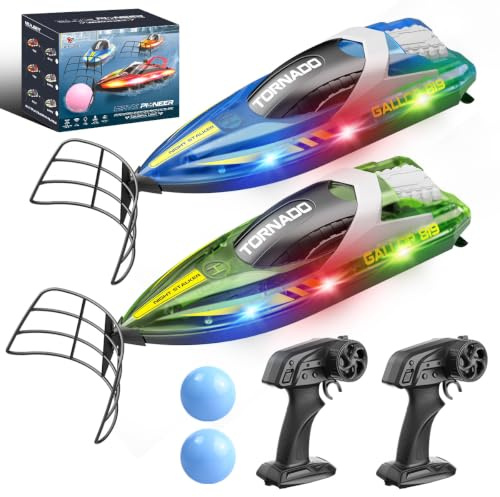 Barco Teledirigido RC 2 Unidades, Control Remoto 2.4GHz,Doble Hélice, Modo Dual de Velocidad, Luces LED, función Flip automática, 4 Baterías Recargables,para Niños y Adultos, Ideal para Piscina y Lago