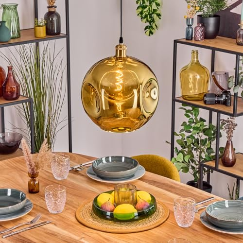 HOFSTEIN Hängeleuchte Ripoll, 1-flammige Hängelampe aus Metall/Glas in Goldfarben, moderne Pendelleuchte im Retro/Vintage-Design (Schirm 30 cm), E27, Esszimmer, Küche, Wohnzimmer, Flur