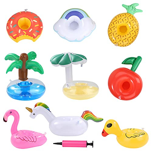 Songella Portabevande Gonfiabile Galleggiamento Set Portabicchieri per Piscina Sottobicchieri con Pompa di Aria per Festa Piscina Divertimento Acquatico 9 Pezzi
