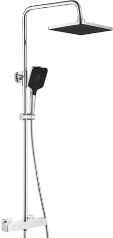 Auralum Colonna Doccia con Miscelatore Termostatico, Miscelatore Doccia Esterno, Saliscendi Doccia con Soffione Doccia 30*19cm e Doccetta 3 Getti, Saliscendi Doccia Altezza Regolabile 90-125cm, Cromo