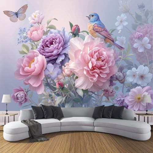 ZISTRCBAO Carta Da Parati Fotografica Uccello Farfalla Peonia, Fiori Ad Acquerello Carta Da Parati Fotomurale per Soggiorno Camera Da Letto Studio Decorazione Da Parete, 150x105cm