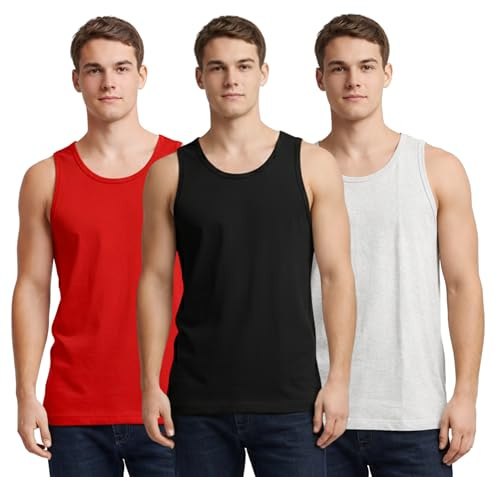 Bahob® New Mens Vest Multi Pack Lot Basic Regular Fitted Cotton Tank Top Athletic Soft Assorted Pack of 3 (XL, 3 Pack Black Skin Red)