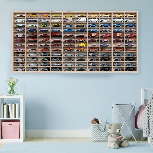 Dekoralove Sammlervitrine für Spring Cars & Spielzeug – Große Sammlervitrine mit 120 Fächern – Wandvitrine für Modellautos, 100 x 50 cm