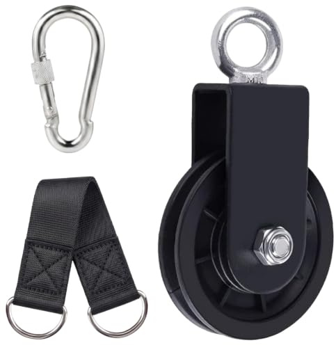 90mm Cable Pulley System with Hanging Strap & Carabiner, 150kg Heavy Duty Home Gym Pulley Block for DIY LAT Pulldown, Cable Lifting Machine Workout Equipment, 1 Set Black