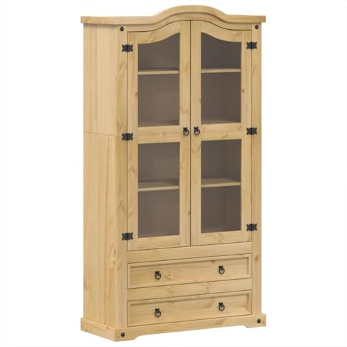 QJBSAVVA Vitrine Corona 99x43x187 cm Vitrinenschrank aus Kiefer Massivholz mit Glastüren, Rustikaler Glasschrank mit Metallgriffen für Wohnzimmer und Esszimmer, Honigwachs-Finish