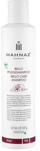 MAHNAZ® Bello Hundeshampoo – Pflegeshampoo für empfindliche Hundehaut mit Jojobaöl, Aloe Vera & Vitamin E – Fellpflege gegen Juckreiz – 200 ml – auch für Katzen