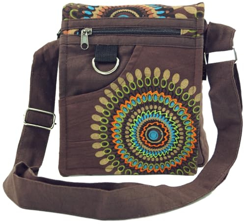 GURU SHOP Kleine Schultertasche, Hippie Tasche, Goa Tasche aus Baumwolle | Unisex, verstellbarer Schultergurt, 4 Fächer, Reißverschluss, ideal für Festivals und Alltag