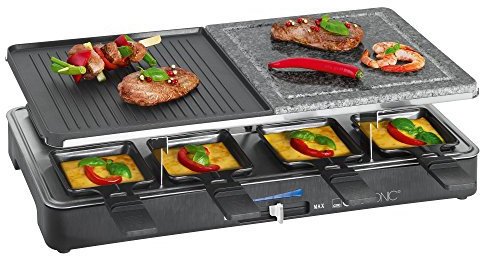 Clatronic® Raclette mit heißem Stein & Wendegussplatte | Raclette Grill mit Naturgrillstein | Raclette 8 Personen | inkl. 8 Pfännchen + Spartel | Raklettgerät mit regelbarem Thermostat | RG 3518