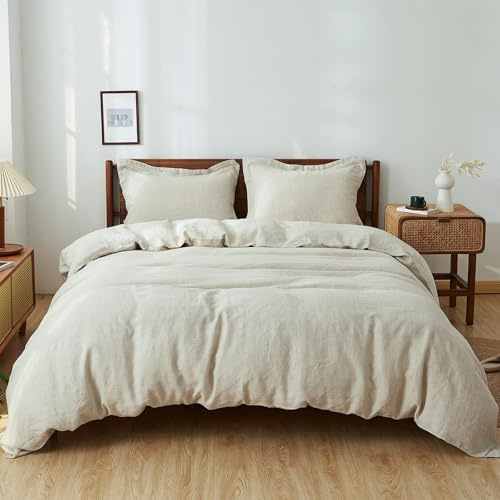 Simple&Opulence 100% Linen Duvet Cover Set, 3 PCS Natural French Flax Linen Duvet Cover Queen Size, Breathable Soft Comfy Linen Bedding Comforter Cover with 2 Pillowcases(Linen, 88x92)